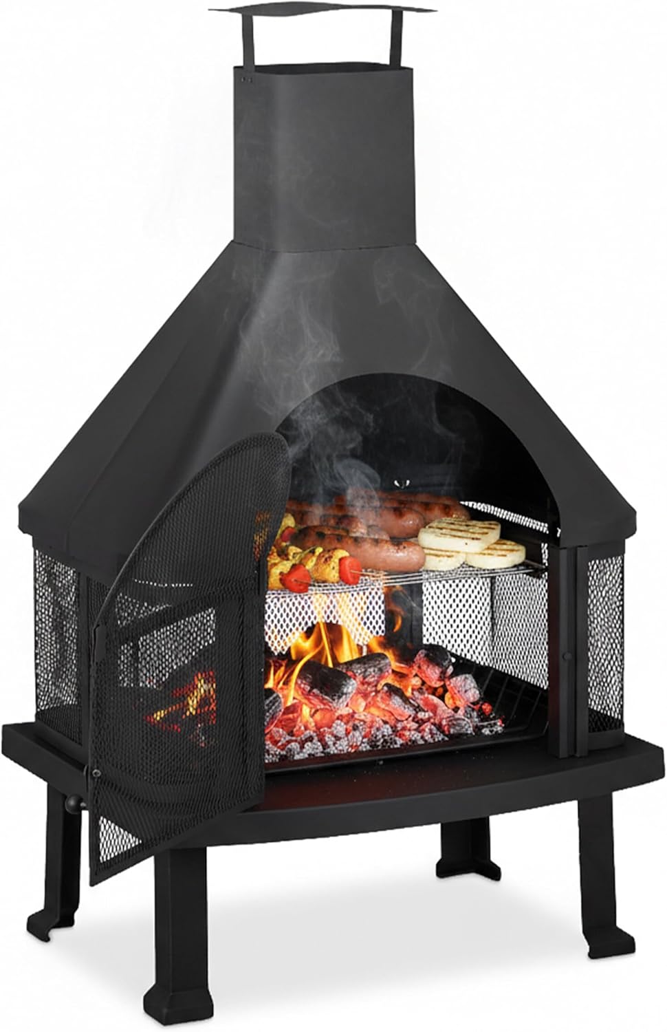 Relaxdays chimenea exterior con parrilla - Formato independiente de 110 x 63 x 51 cm - Protección contra chispas y atizador incluidos - Para patio jardín y reuniones al aire libre