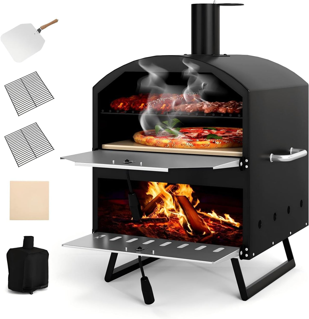 KOMFOTTEU horno de pizza exterior de 16 pulgadas - Dos niveles para leña con piedra y rejilla - Pala y funda protectora incluidas - Portátil para camping barbacoa y fiestas