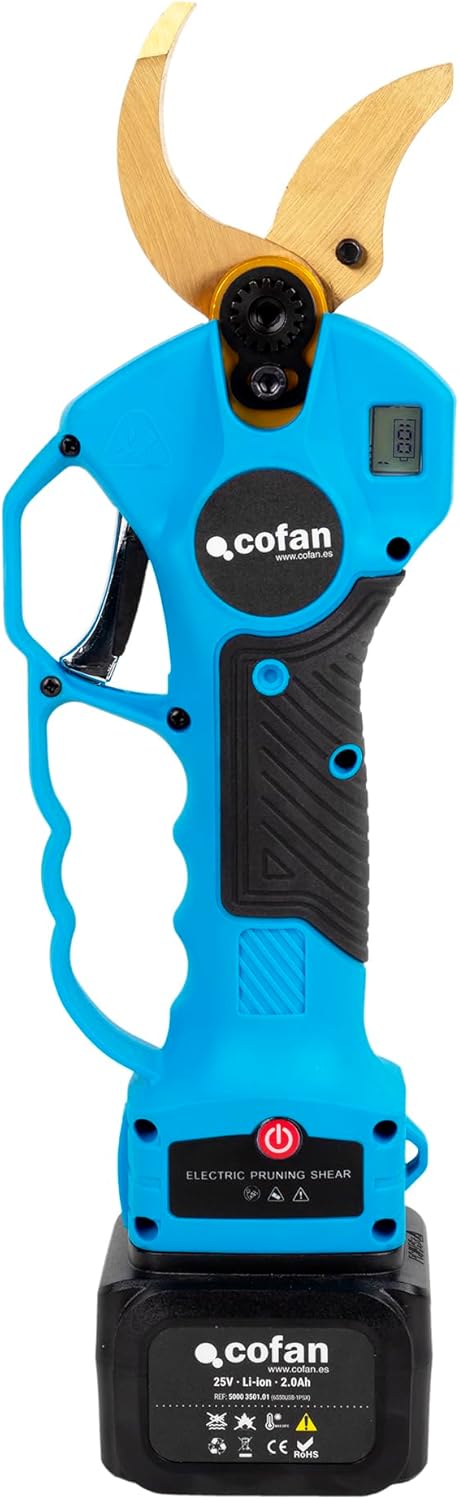 Cofan tijeras de podar eléctricas - Batería Li-Ion de 25 V y 2 Ah - Cuchilla bypass de acero inoxidable con mango de plástico - Diseño ambidiestro para jardinería y poda