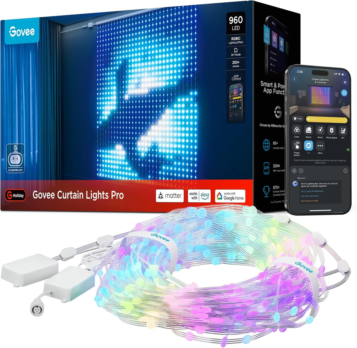 Govee Curtain Lights Pro - Cortina LED inteligente con 960 LED RGBIC - Tamaño de 1,65 x 1,76 m con AIGC y efectos DIY - Protección IP67 para fiestas Navidad interior y exterior