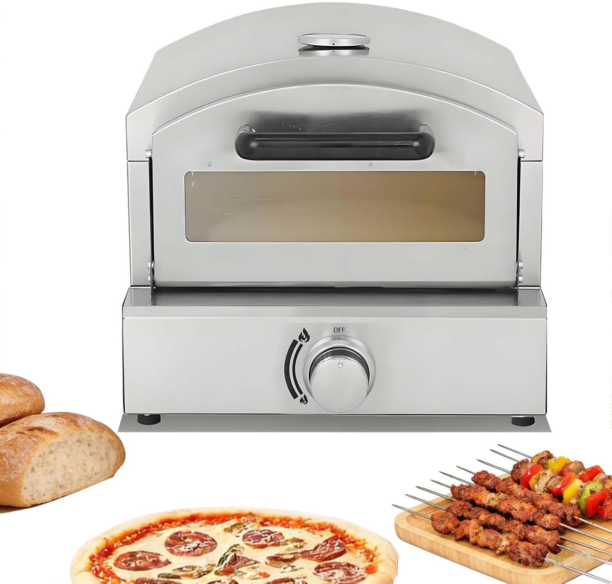 QFGain horno de pizza a gas - Para pizzas de 30 cm y temperatura de hasta 400 C - Cocción en 60 segundos con control de llama - Incluye manguera de gas y asa extendida