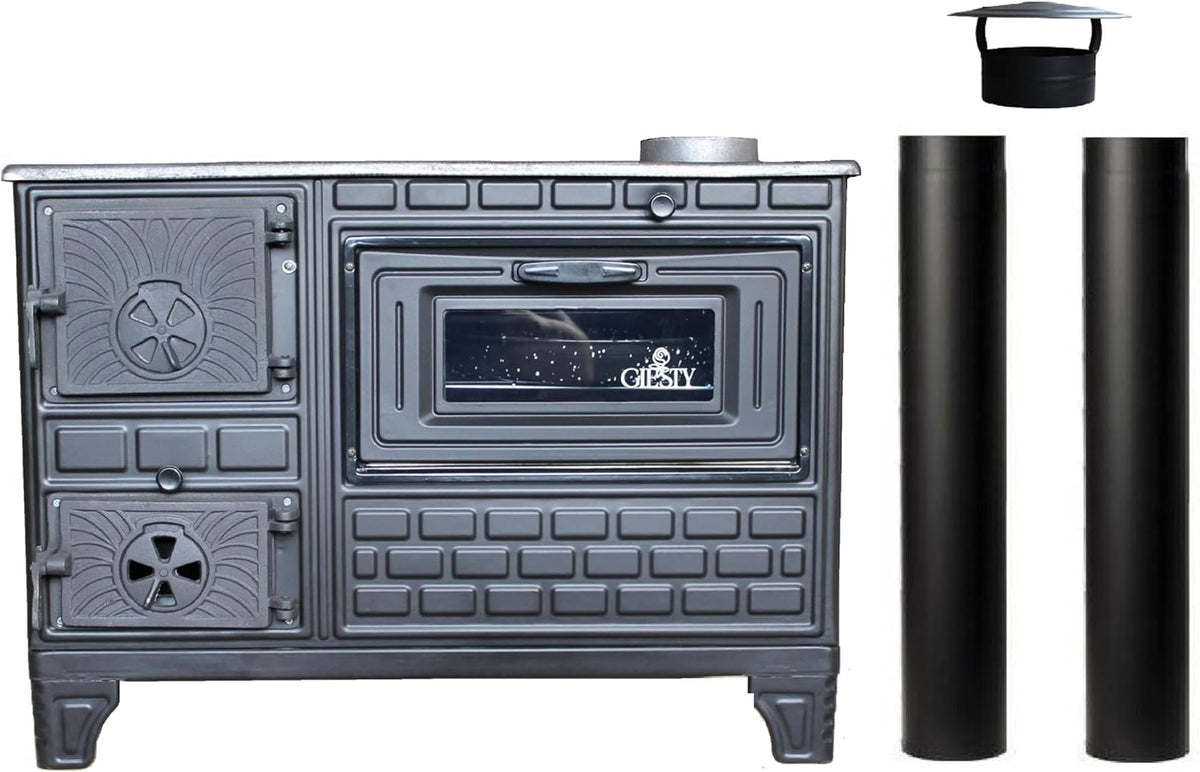Horno de cocina exterior - Leña y carbón con puerta de hierro fundido y 2 tubos - Acero con ladrillo refractario de 43 x 82 x 60 cm - Para jardín terraza y cocina exterior