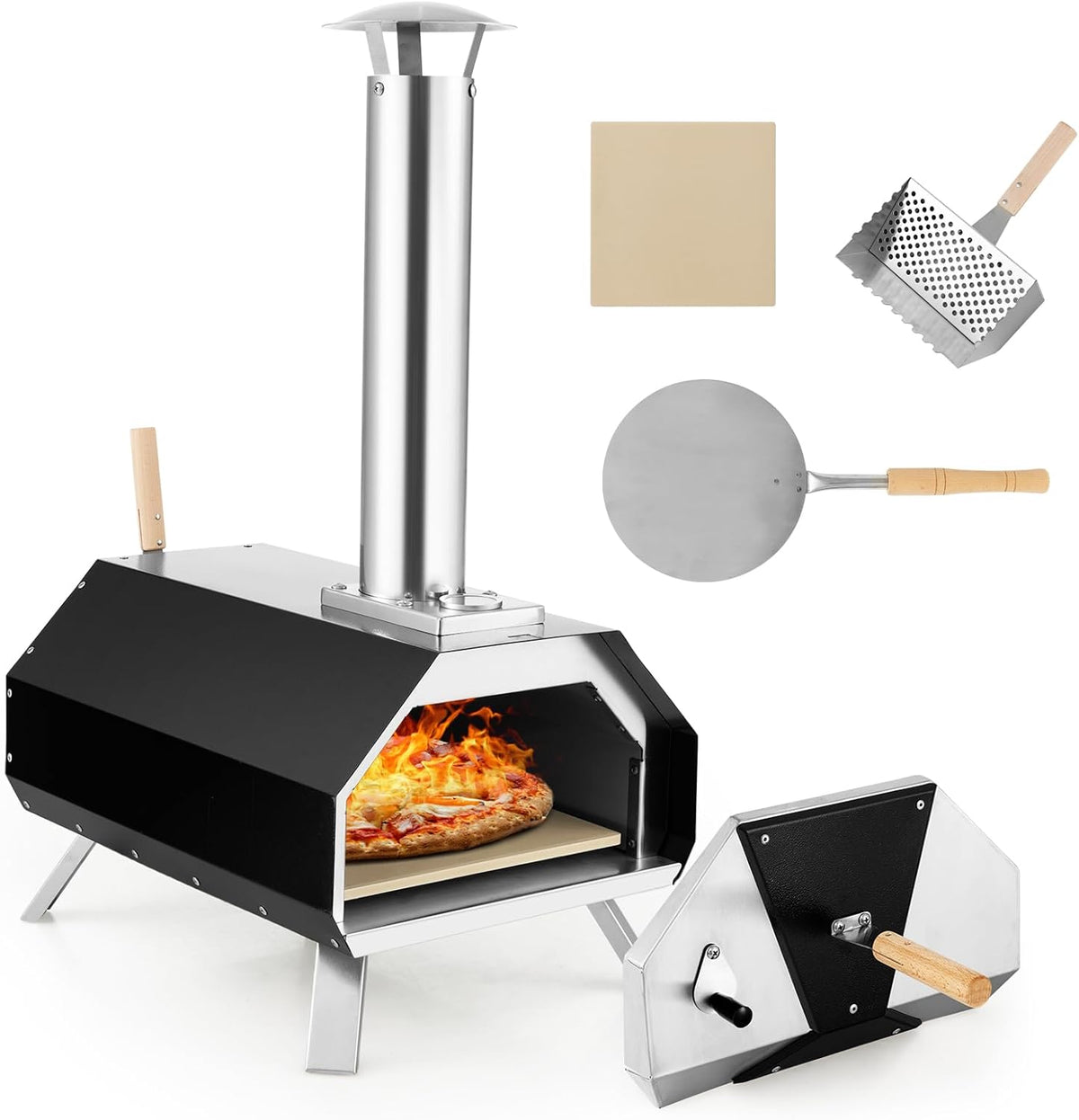 COSTWAY horno de pizza exterior - 12 pulgadas con piedra para pizza - Acero inoxidable con patas plegables y termómetro - Incluye pala para camping jardín y cocina exterior