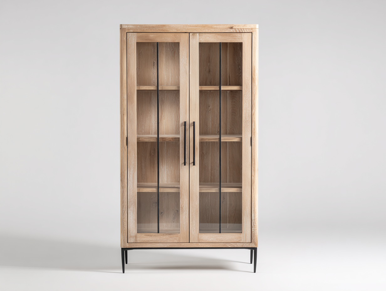 Estanterías de madera manufacturada 90x38x168 cm - madera natural y negro - diseño moderno con 2 puertas de vidrio