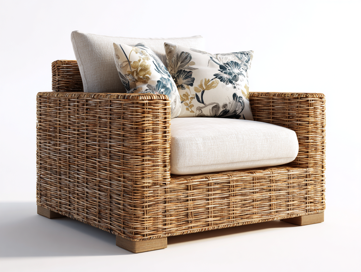Sillones de ratán natural 85x80x75 cm marrón claro con cojín diseño amplio moderno
